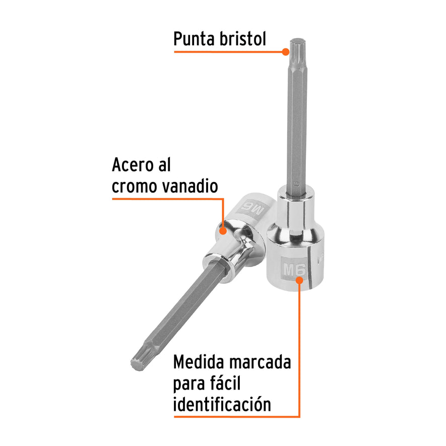 Dado punta larga bristol M6, cuadro 1/2', Truper Caja con 6, 101249