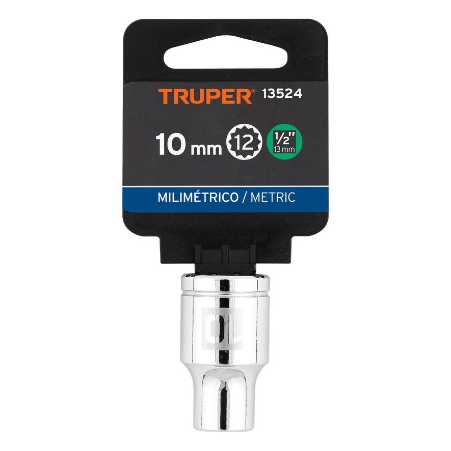 Dado de 10 mm, 12 puntas, cuadro 1/2', Truper Caja con 6, 13524