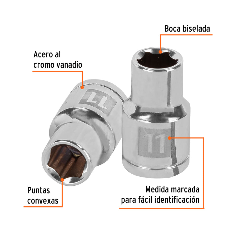 Dado de 11 mm, 6 puntas, cuadro 1/2', Truper Caja con 6, 13261