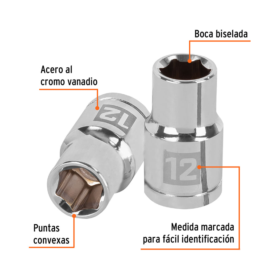 Dado de 12 mm, 6 puntas, cuadro 1/2', Truper Caja con 6, 13262