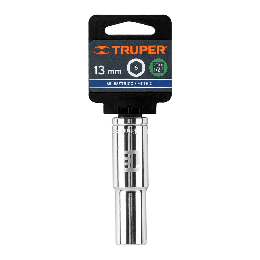 Dado largo de 13 mm, 6 puntas, cuadro 1/2', Truper Caja con 6, 13353