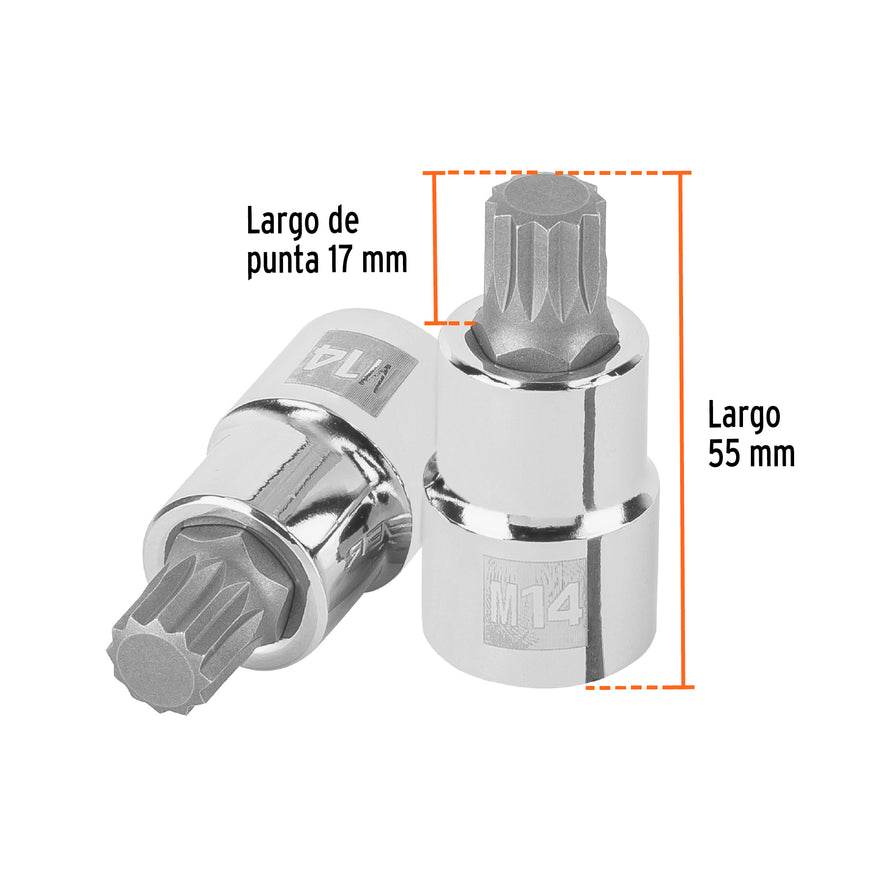 Dado punta corta bristol M14, cuadro 1/2', Truper Caja con 6, 101246