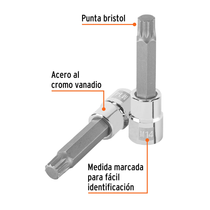 Dado punta larga bristol M14, cuadro 1/2', Truper Caja con 6, 101303