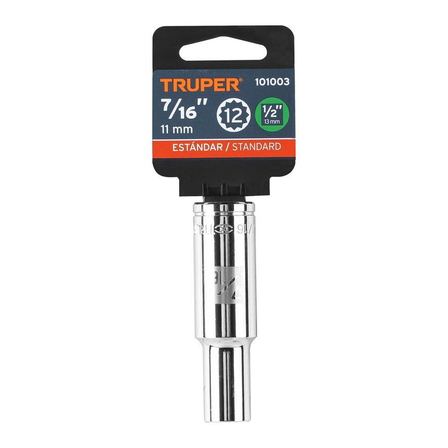 Dado largo de 7/16' 12 puntas, cuadro 1/2', Truper Caja con 6, 101003