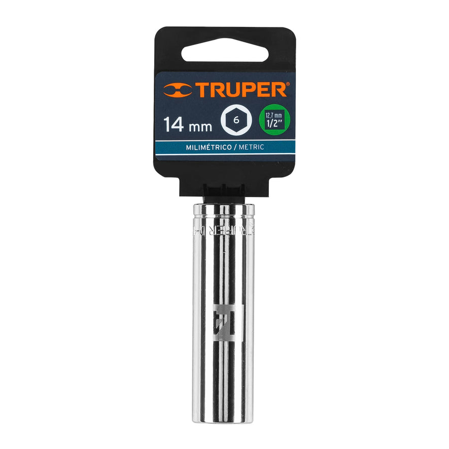 Dado largo de 14 mm, 6 puntas, cuadro 1/2', Truper Caja con 6, 13354