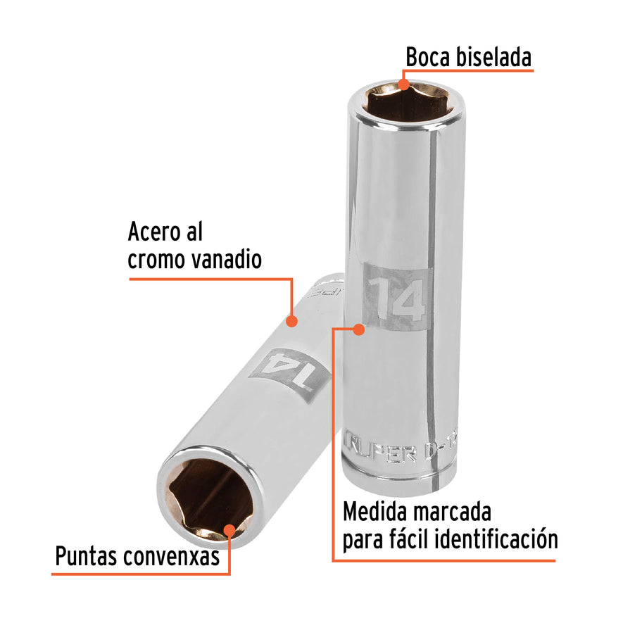 Dado largo de 14 mm, 6 puntas, cuadro 1/2', Truper Caja con 6, 13354