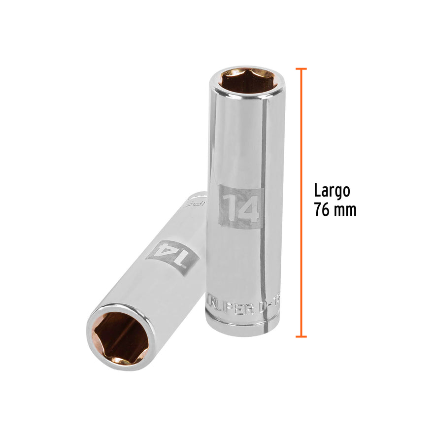 Dado largo de 14 mm, 6 puntas, cuadro 1/2', Truper Caja con 6, 13354