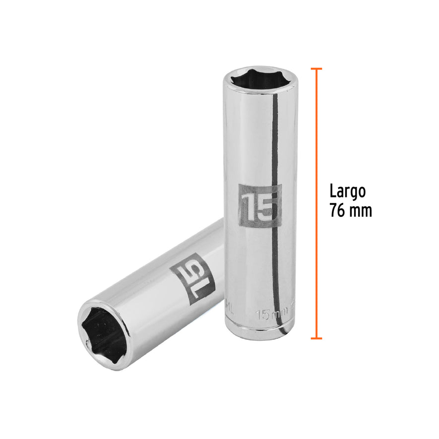 Dado largo de 15 mm, 6 puntas, cuadro 1/2', Truper Caja con 6, 13355