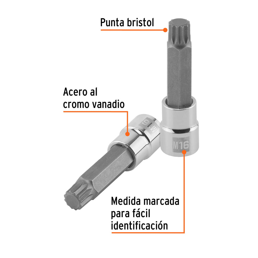 Dado punta larga bristol M16, cuadro 1/2', Truper Caja con 6, 101304