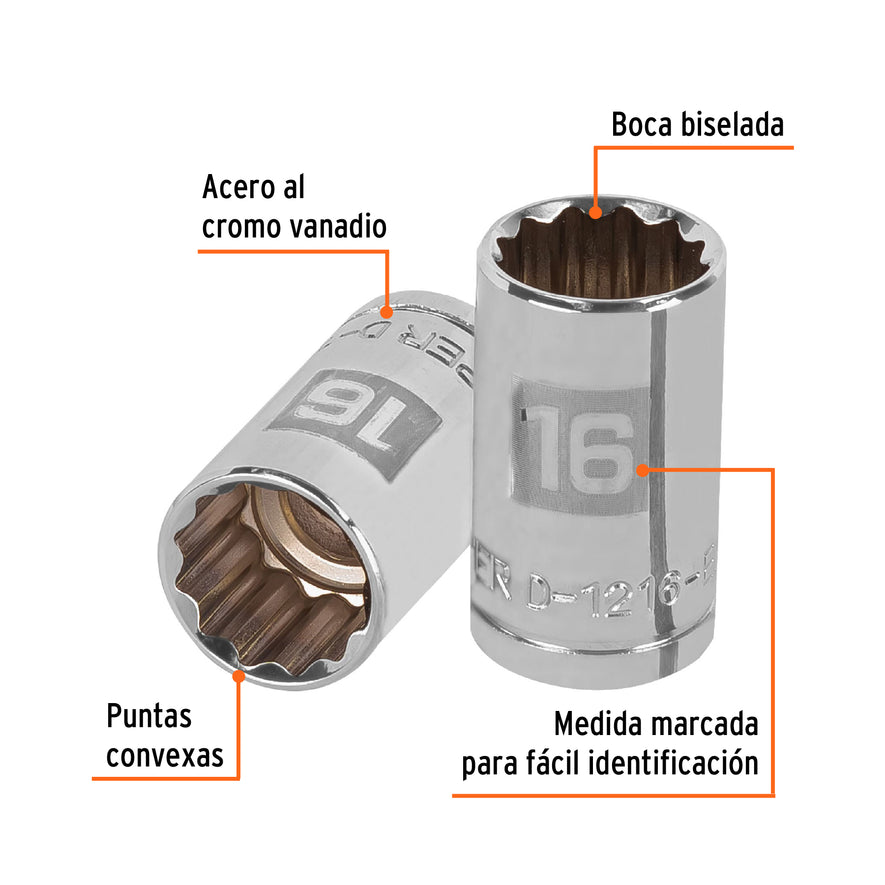 Dado de 16 mm, 12 puntas, cuadro 1/2', Truper Caja con 6, 13530