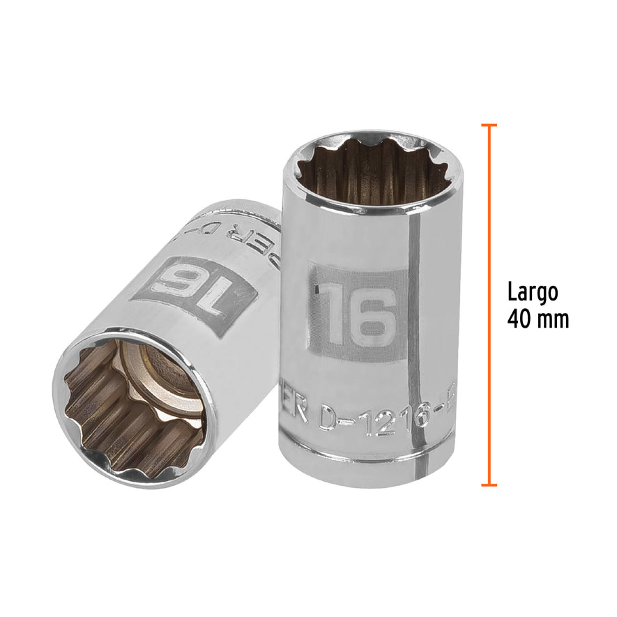 Dado de 16 mm, 12 puntas, cuadro 1/2', Truper Caja con 6, 13530