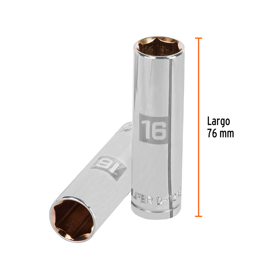 Dado largo de 16 mm, 6 puntas, cuadro 1/2', Truper Caja con 6, 13356