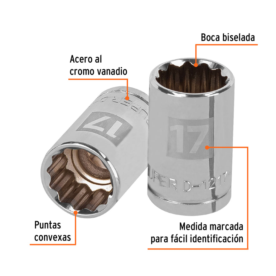 Dado de 17 mm, 12 puntas, cuadro 1/2', Truper Caja con 6, 13531