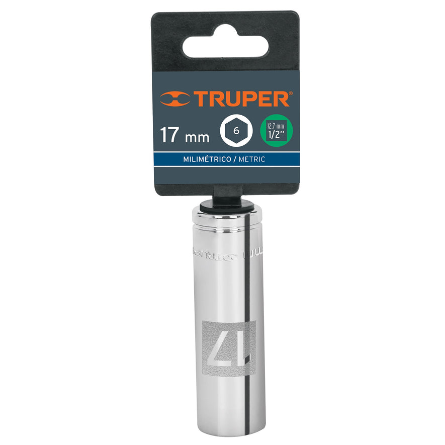 Dado largo de 17 mm, 6 puntas, cuadro 1/2', Truper Caja con 6, 13357