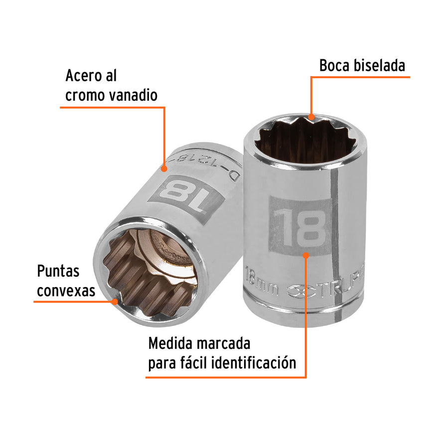 Dado de 18 mm, 12 puntas, cuadro 1/2', Truper Caja con 6, 13532