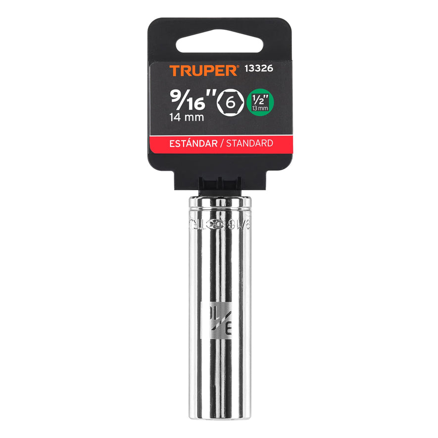 Dado largo de 9/16', 6 puntas, cuadro 1/2', Truper Caja con 6, 13326