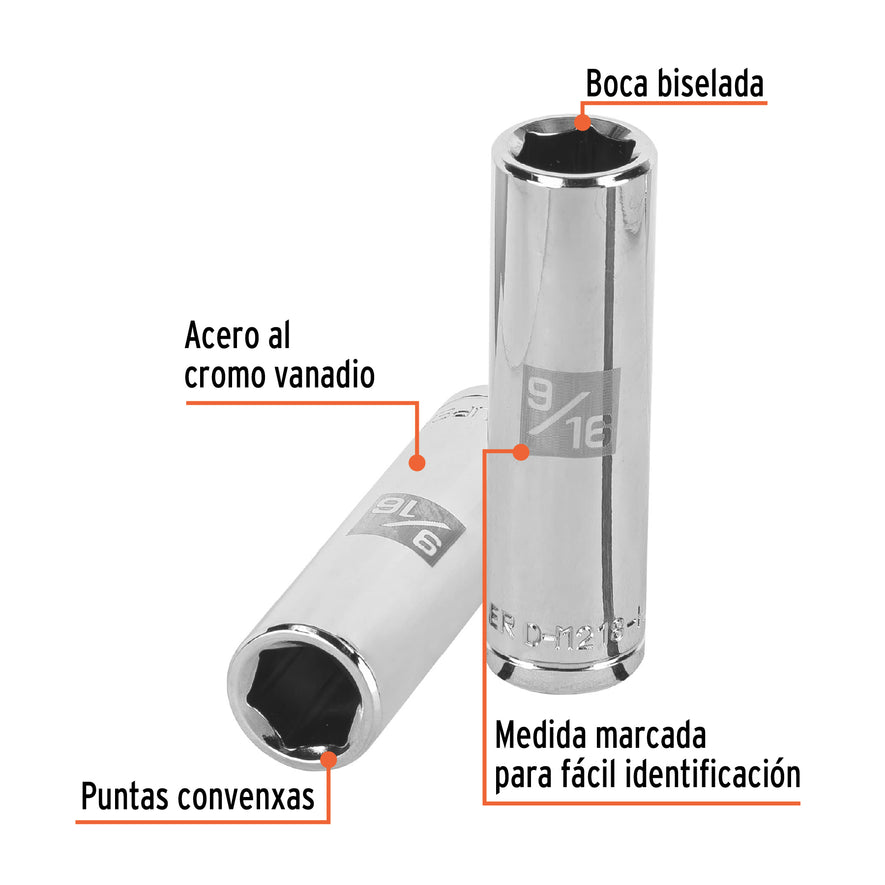 Dado largo de 9/16', 6 puntas, cuadro 1/2', Truper Caja con 6, 13326