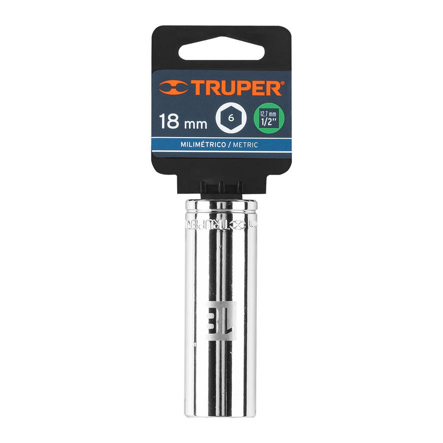 Dado largo de 18 mm, 6 puntas, cuadro 1/2', Truper Caja con 6, 13358