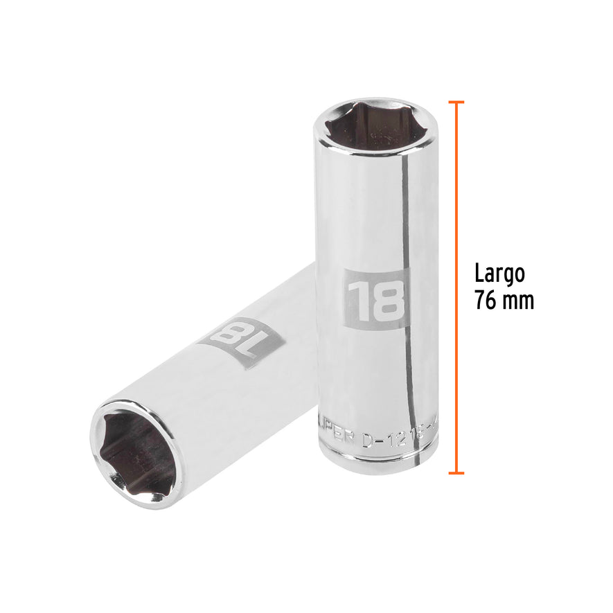 Dado largo de 18 mm, 6 puntas, cuadro 1/2', Truper Caja con 6, 13358