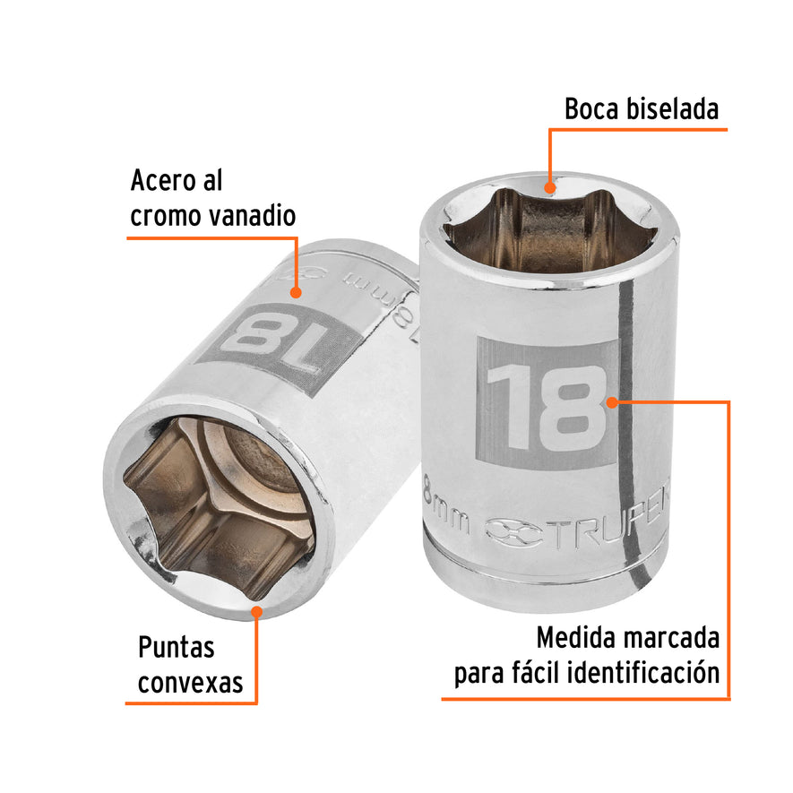 Dado de 18 mm, 6 puntas, cuadro 1/2', Truper Caja con 6, 13268