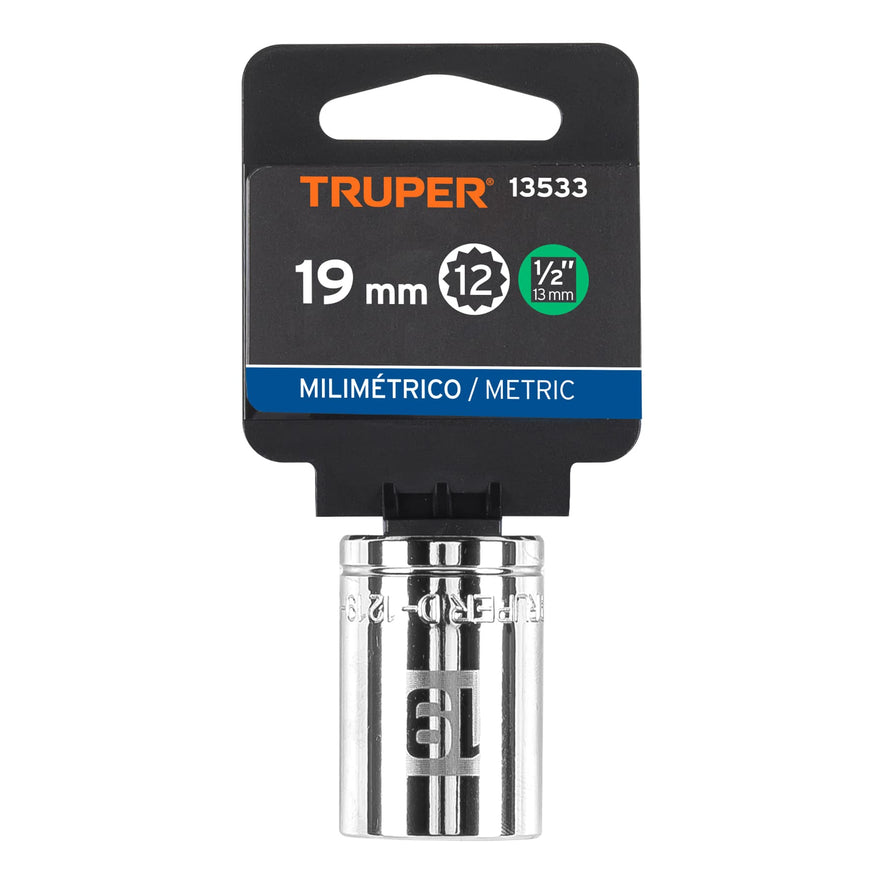 Dado de 19 mm, 12 puntas, cuadro 1/2', Truper Caja con 6, 13533