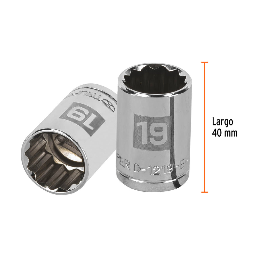 Dado de 19 mm, 12 puntas, cuadro 1/2', Truper Caja con 6, 13533