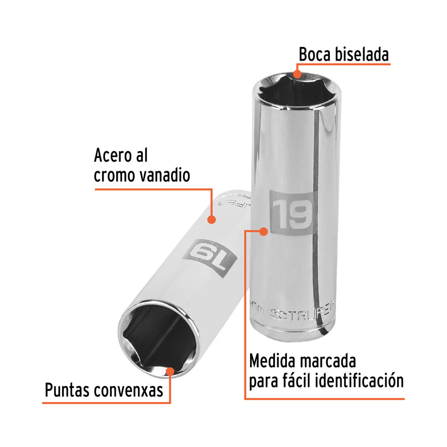 Dado largo de 19 mm, 6 puntas, cuadro 1/2', Truper Caja con 6, 13359
