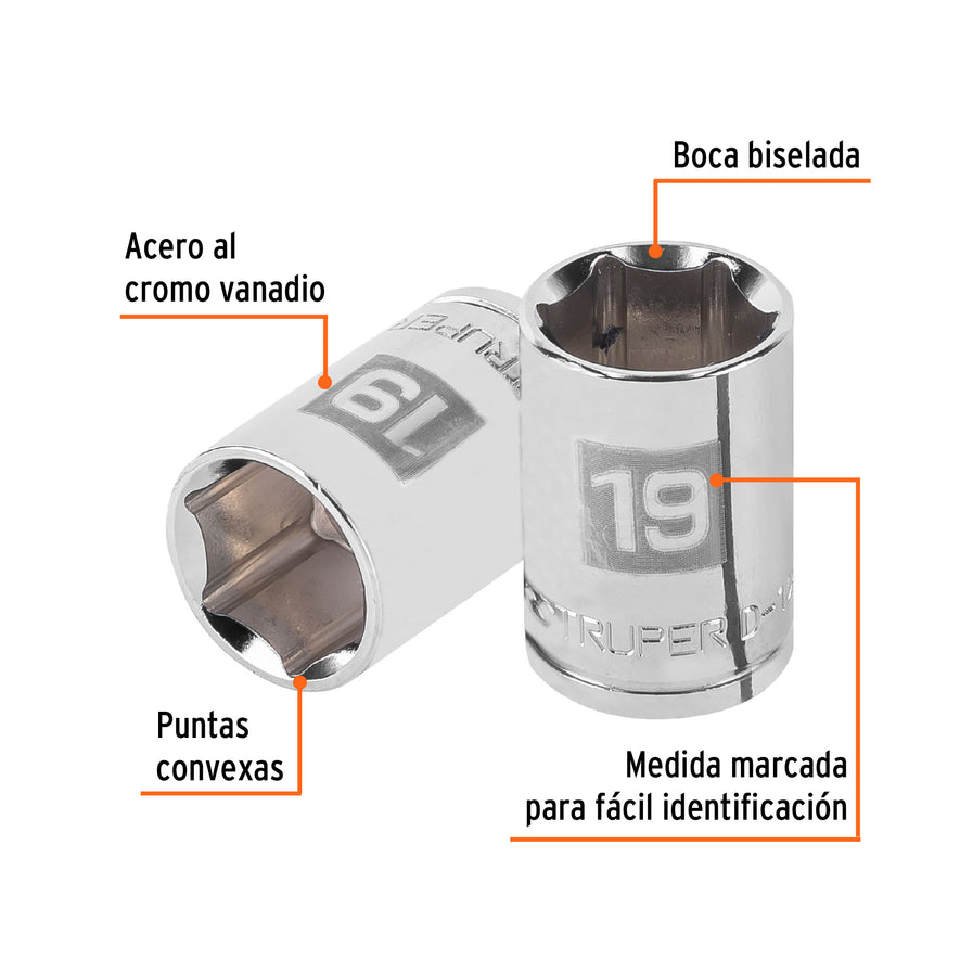 Dado de 19 mm, 6 puntas, cuadro 1/2', Truper Caja con 6, 13269