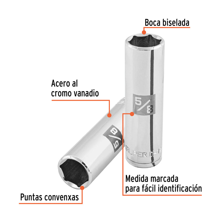 Dado largo de 5/8', 6 puntas, cuadro 1/2', Truper Caja con 6, 13327