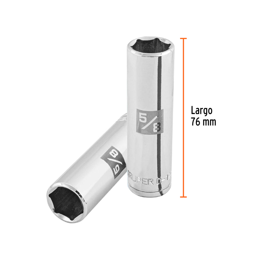 Dado largo de 5/8', 6 puntas, cuadro 1/2', Truper Caja con 6, 13327