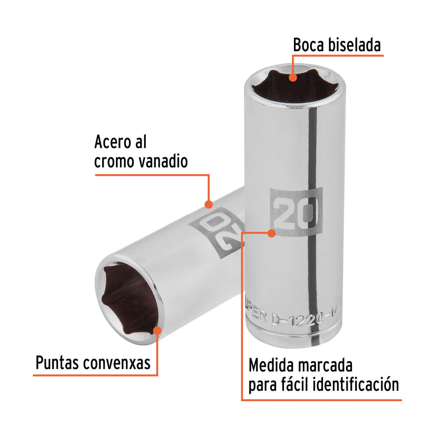 Dado largo de 20 mm, 6 puntas, cuadro 1/2', Truper Caja con 6, 101008