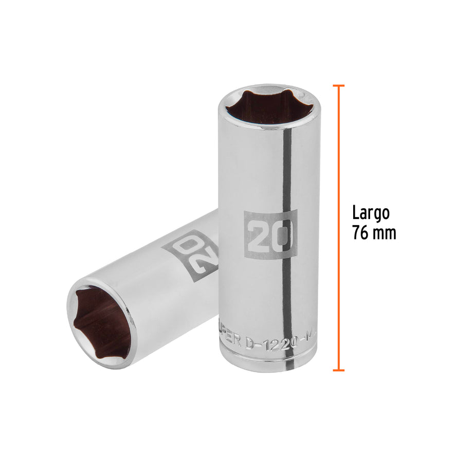 Dado largo de 20 mm, 6 puntas, cuadro 1/2', Truper Caja con 6, 101008