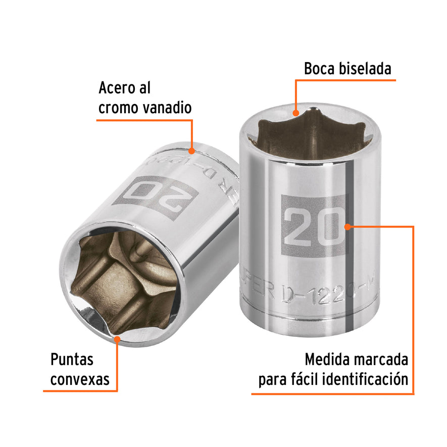 Dado de 20 mm, 6 puntas, cuadro 1/2', Truper Caja con 6, 13270