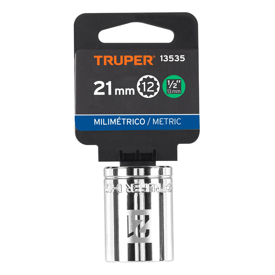 Dado de 21 mm, 12 puntas, cuadro 1/2', Truper Caja con 6, 13535