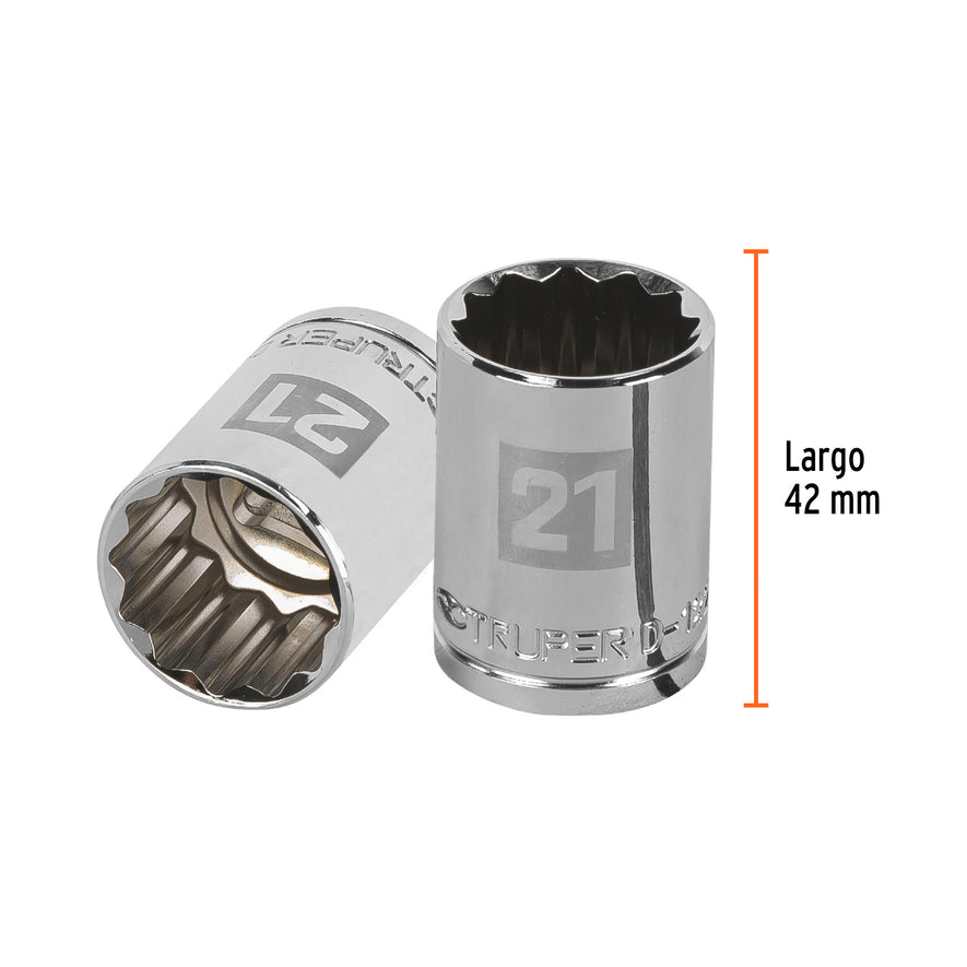 Dado de 21 mm, 12 puntas, cuadro 1/2', Truper Caja con 6, 13535