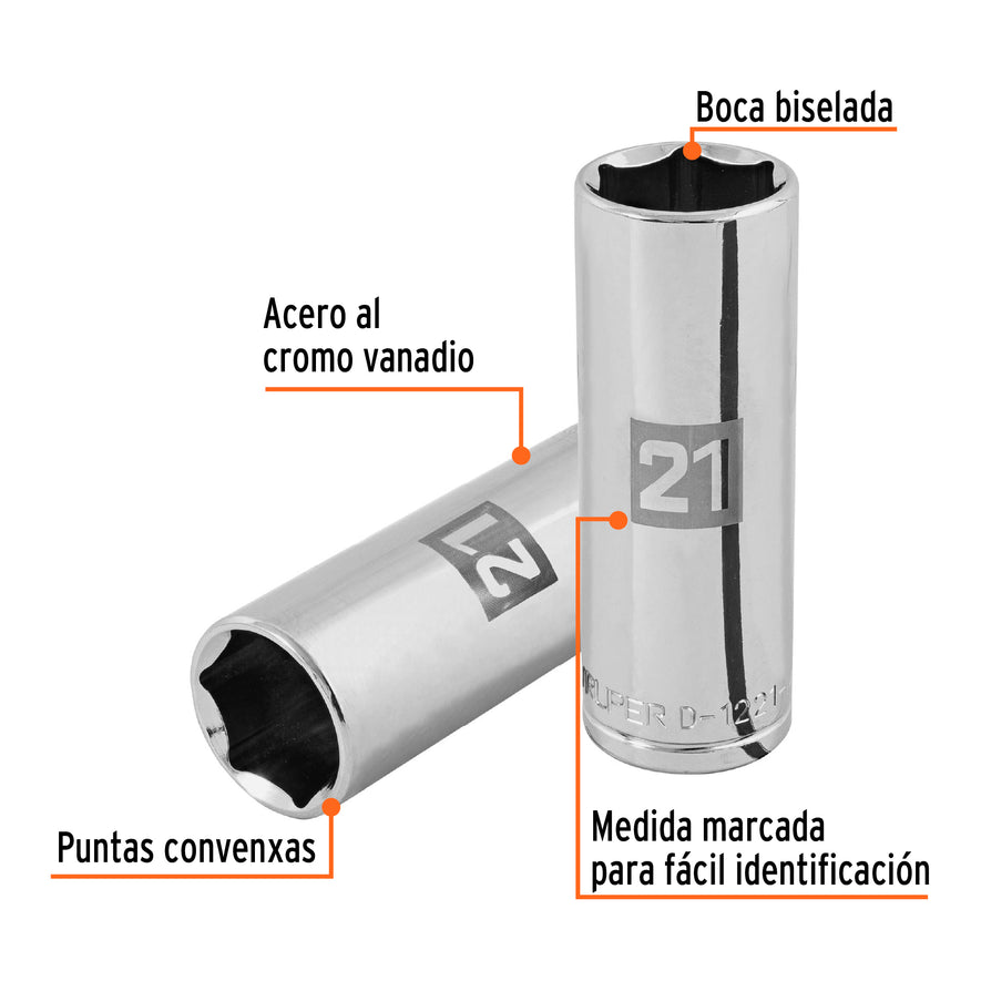 Dado largo de 21 mm, 6 puntas, cuadro 1/2', Truper Caja con 6, 101009