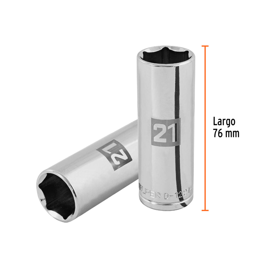 Dado largo de 21 mm, 6 puntas, cuadro 1/2', Truper Caja con 6, 101009