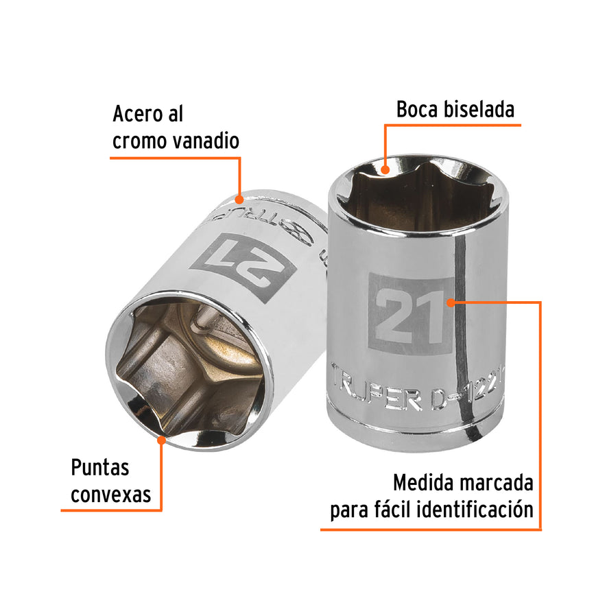 Dado de 21 mm, 6 puntas, cuadro 1/2', Truper Caja con 6, 13271