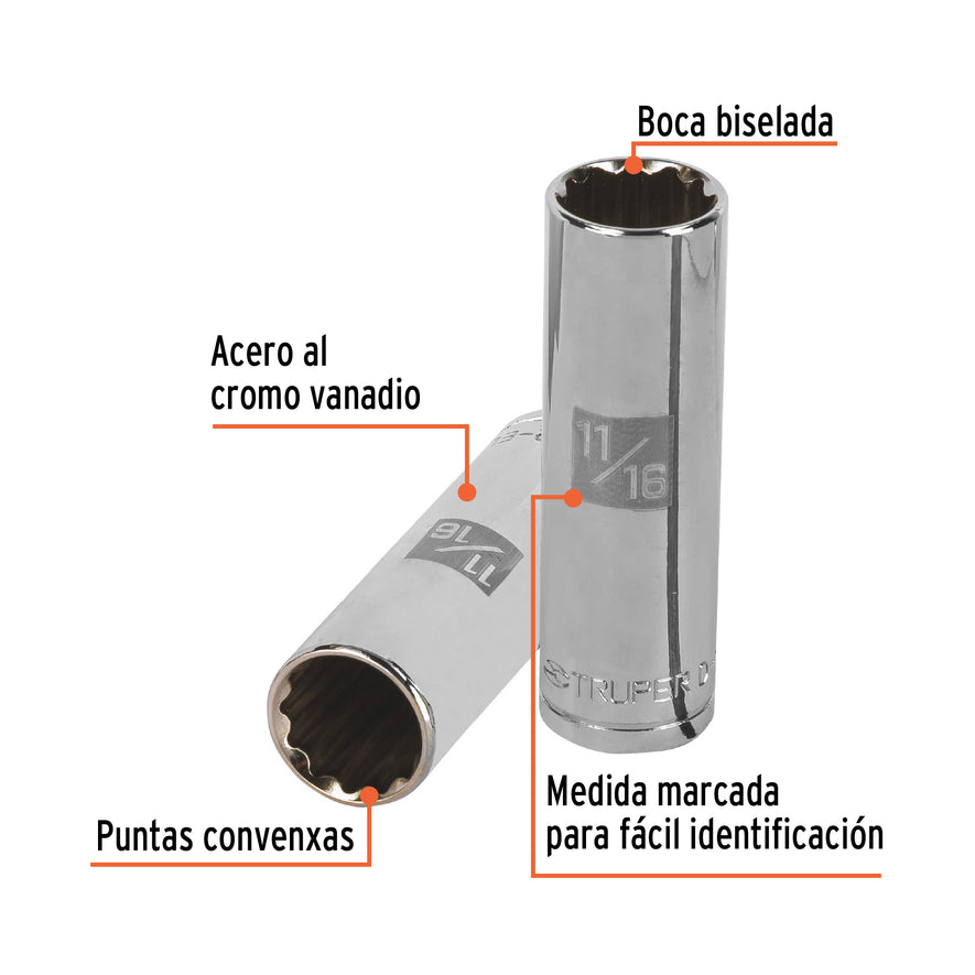 Dado largo de 11/16', 12 puntas, cuadro 1/2', Truper Caja con 6, 13363