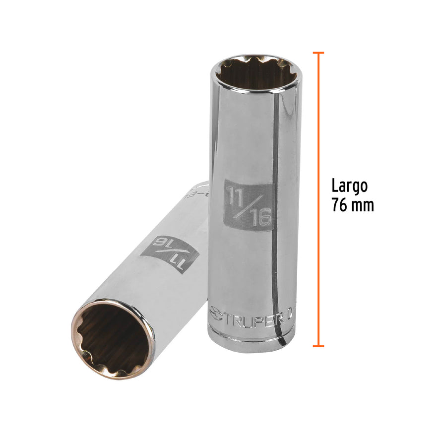 Dado largo de 11/16', 12 puntas, cuadro 1/2', Truper Caja con 6, 13363