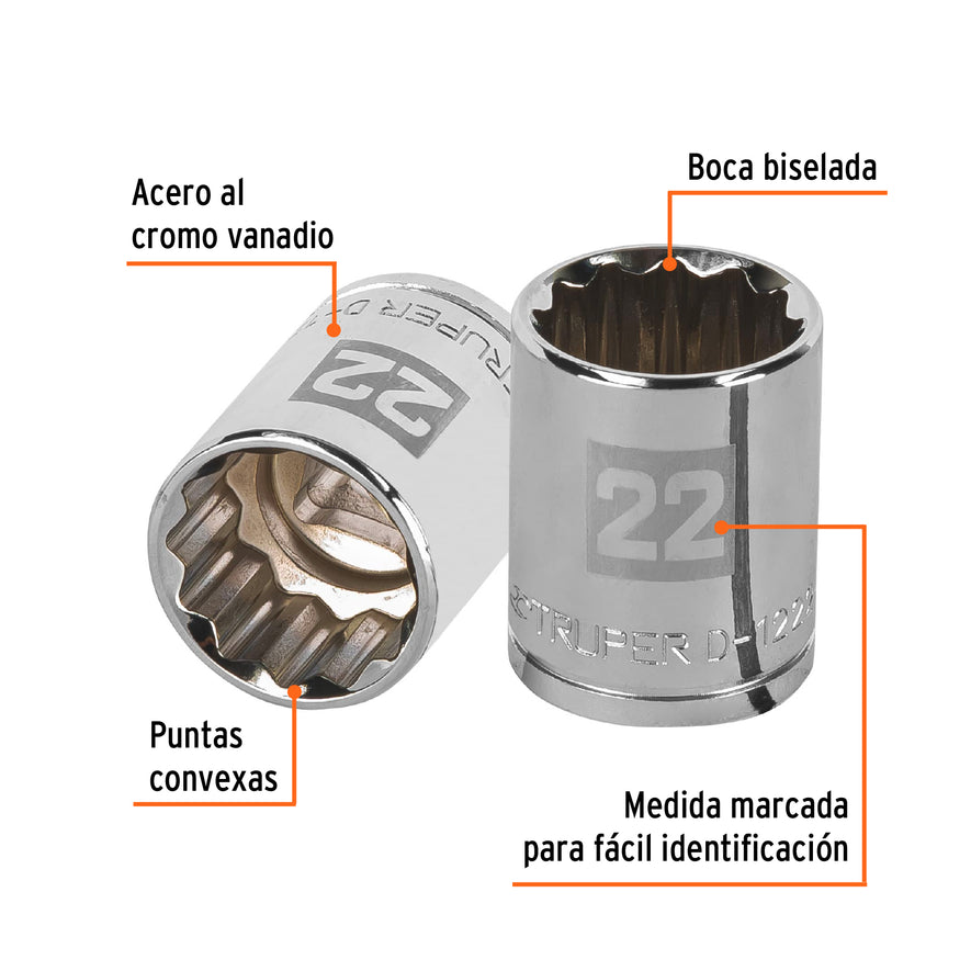Dado de 22 mm, 12 puntas, cuadro 1/2', Truper Caja con 6, 13536