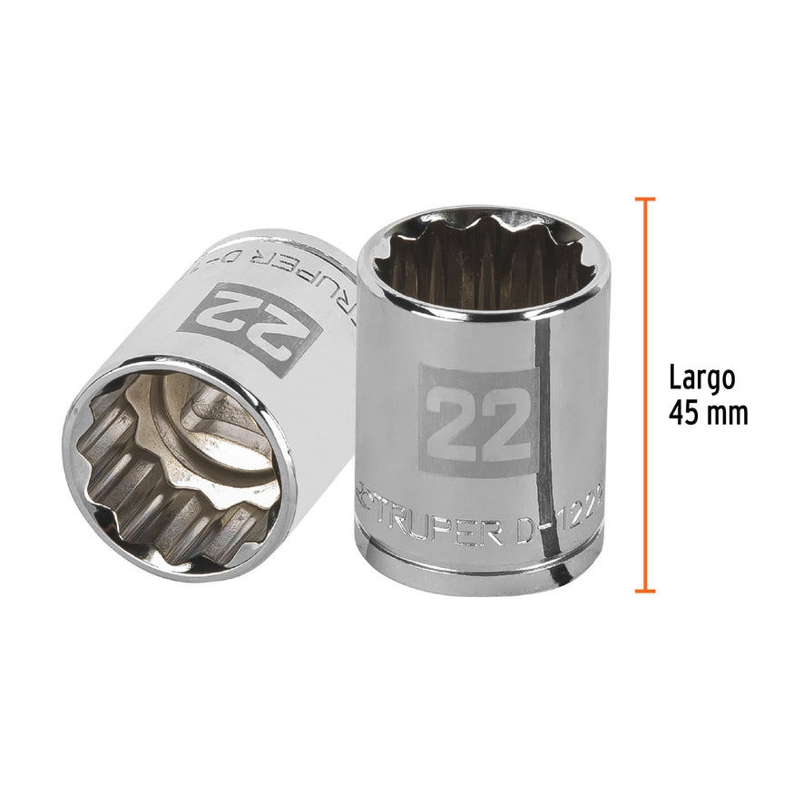 Dado de 22 mm, 12 puntas, cuadro 1/2', Truper Caja con 6, 13536