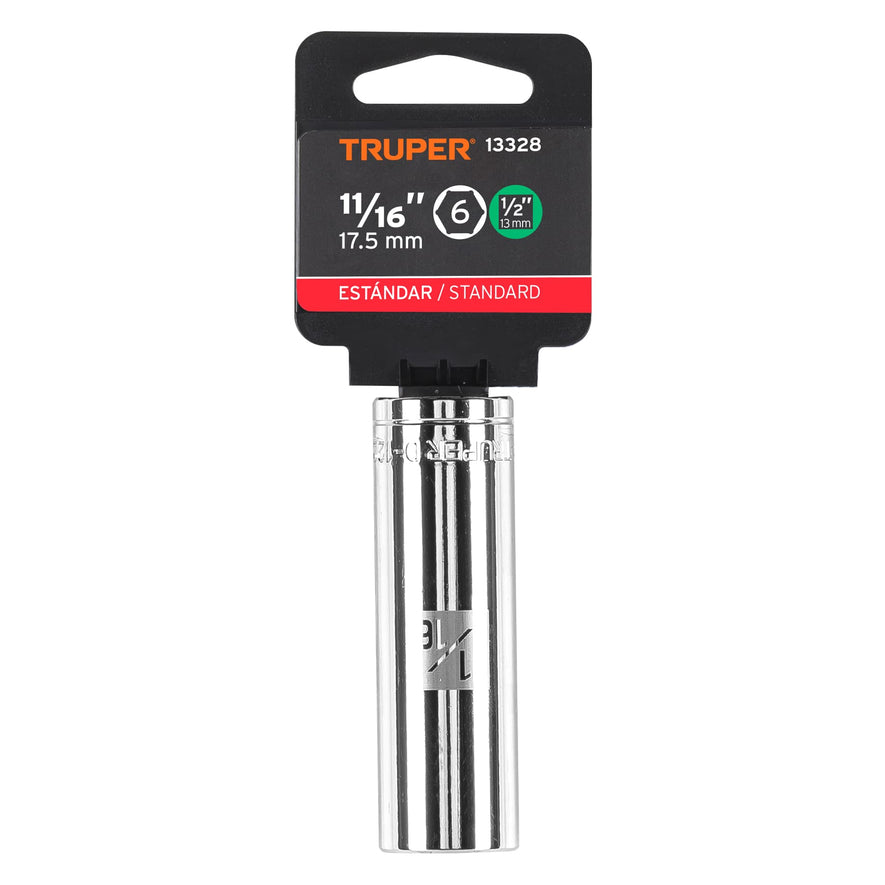 Dado largo de 11/16', 6 puntas, cuadro 1/2', Truper Caja con 6, 13328