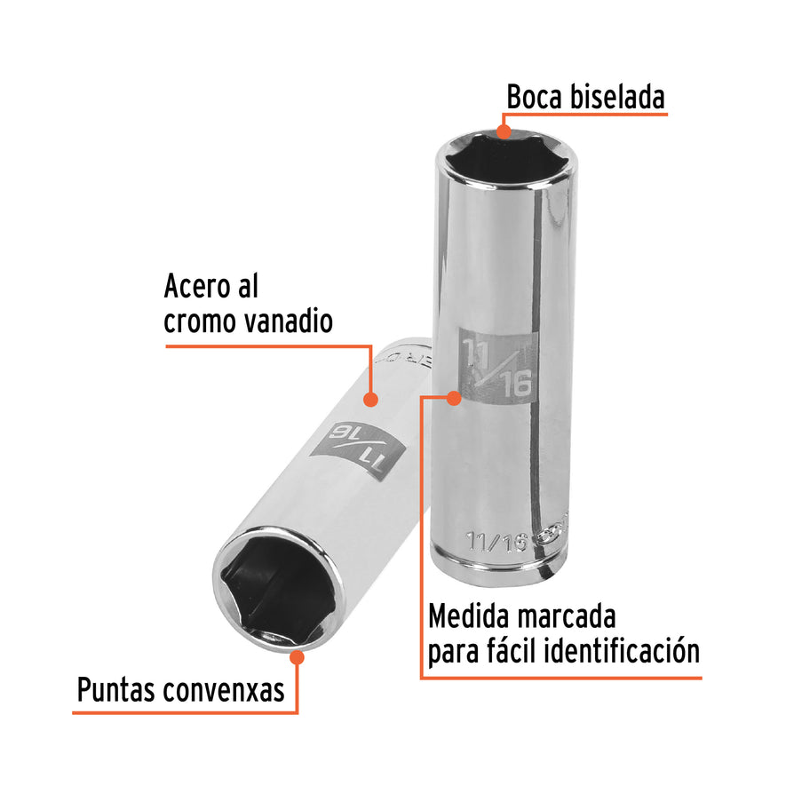 Dado largo de 11/16', 6 puntas, cuadro 1/2', Truper Caja con 6, 13328