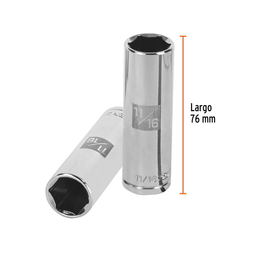 Dado largo de 11/16', 6 puntas, cuadro 1/2', Truper Caja con 6, 13328