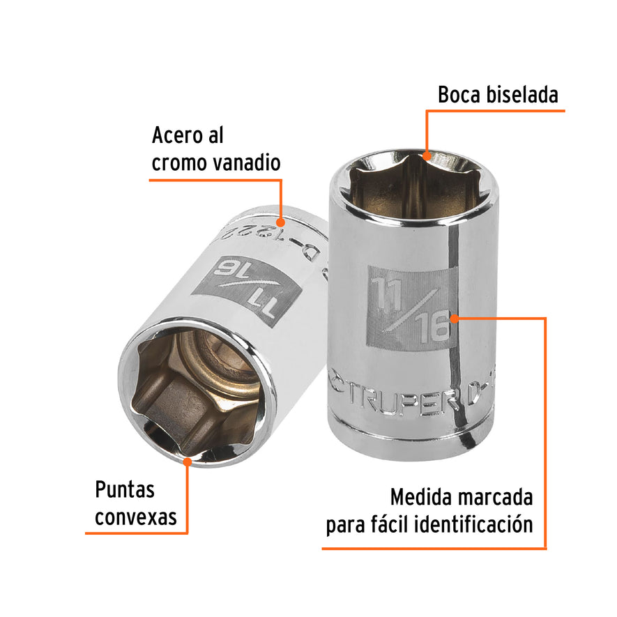 Dado de 11/16', 6 puntas, cuadro 1/2', Truper Caja con 6, 13235