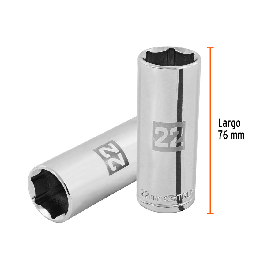 Dado largo de 22 mm, 6 puntas, cuadro 1/2', Truper Caja con 6, 101010