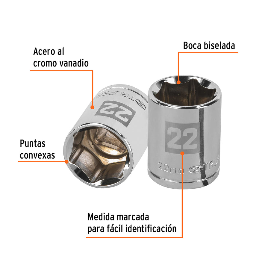 Dado de 22 mm, 6 puntas, cuadro 1/2', Truper Caja con 6, 13272