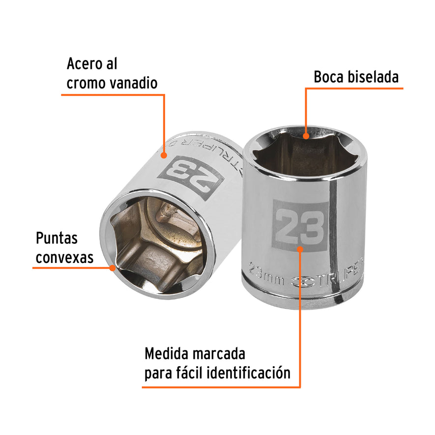 Dado de 23 mm, 6 puntas, cuadro 1/2', Truper Caja con 6, 13273