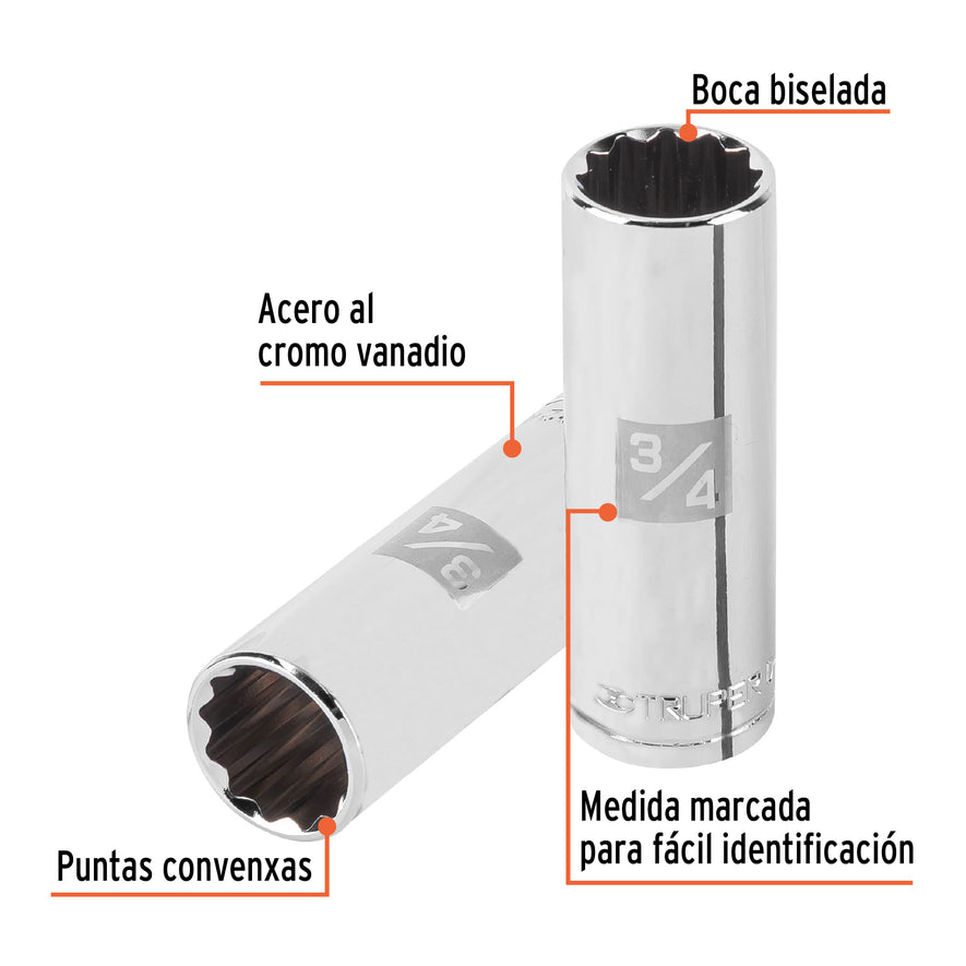 Dado largo de 3/4', 12 puntas, cuadro 1/2', Truper Caja con 6, 13364